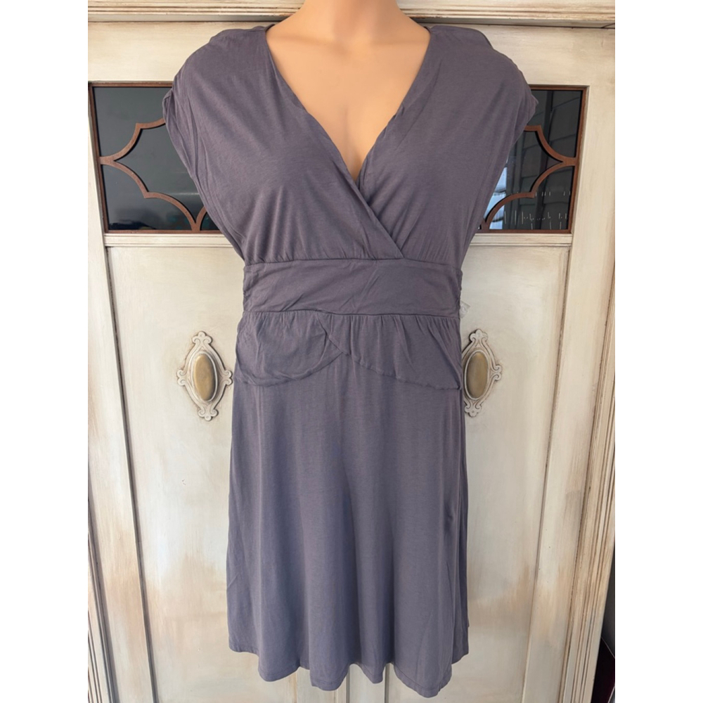 EUC Garnet Hill Gray Twist Front Short Sleeve Stretchy Dress | Size Lg